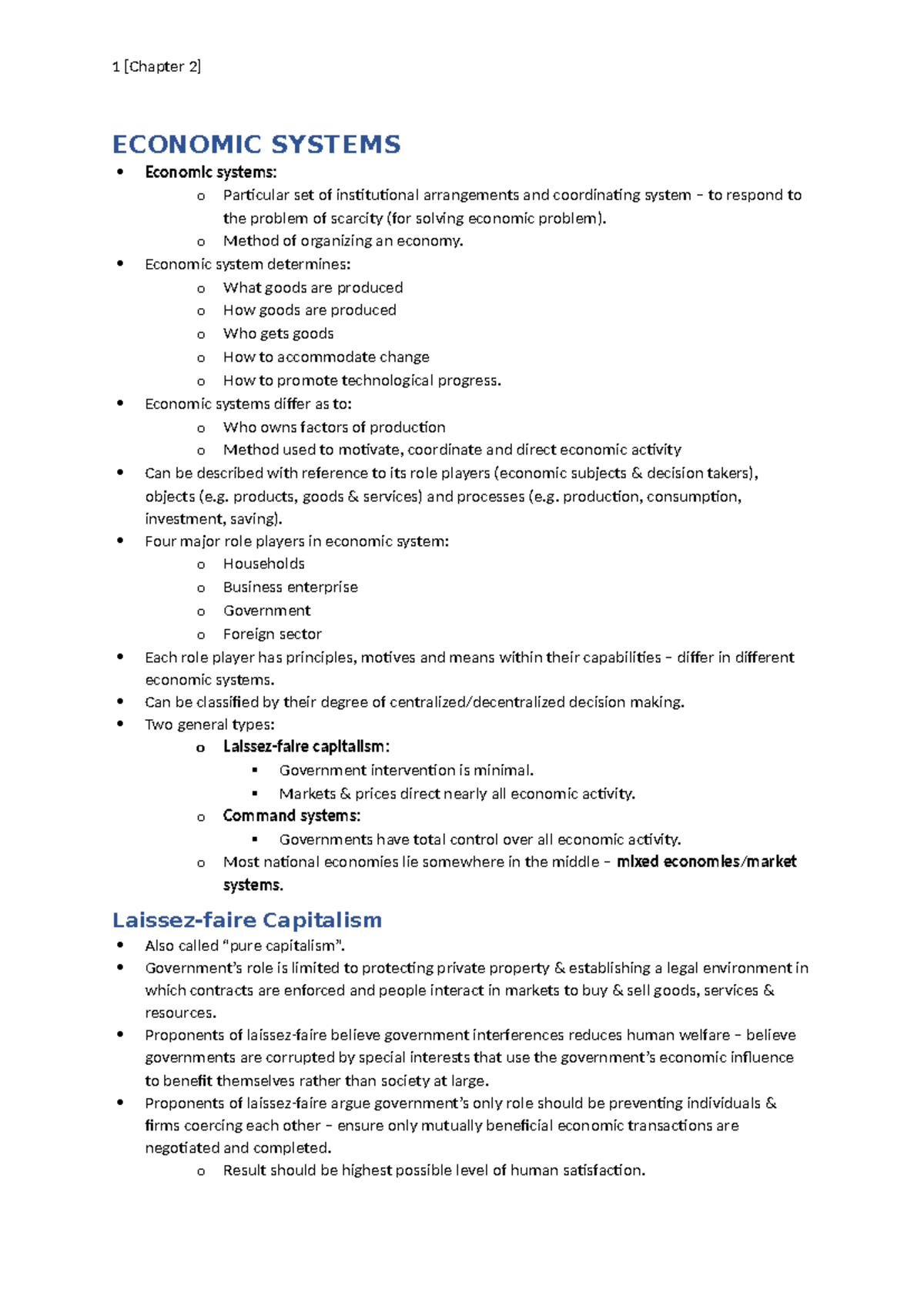 Chapter 2 - ECONOMIC SYSTEMS Economic systems: o Particular set of ...