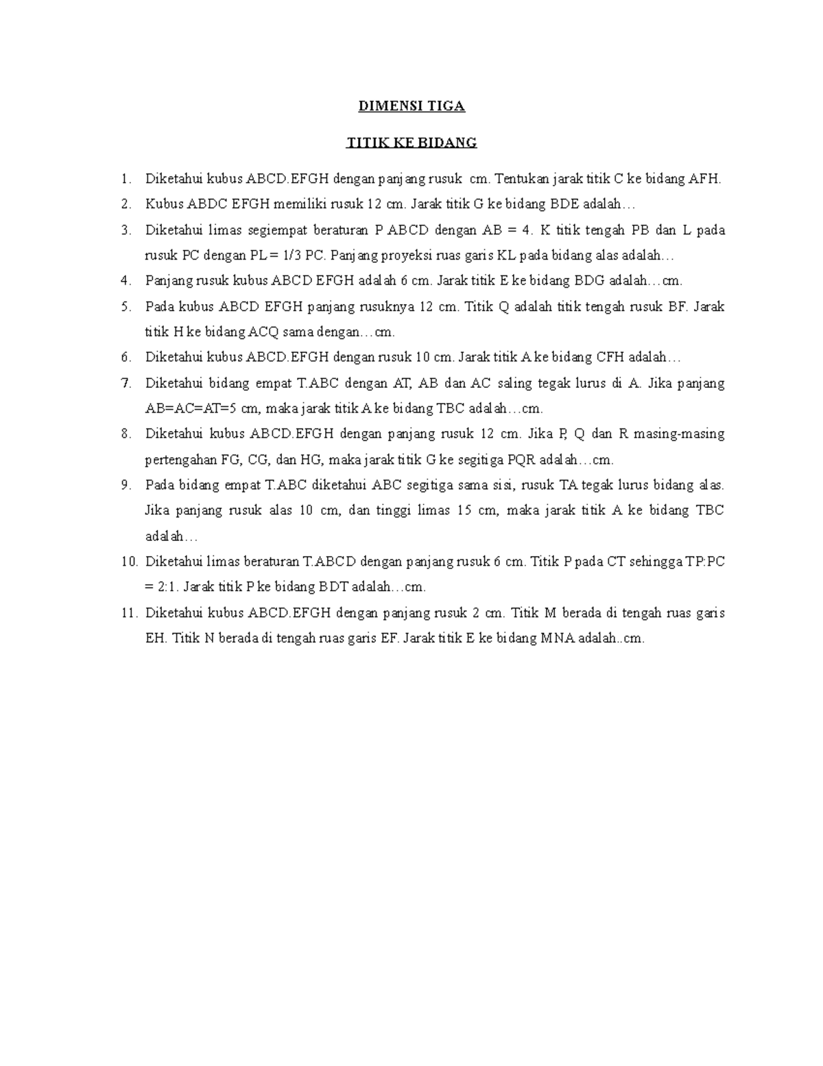 Dimensi Tiga (titik ke bidang) - DIMENSI TIGA TITIK KE BIDANG Diketahui