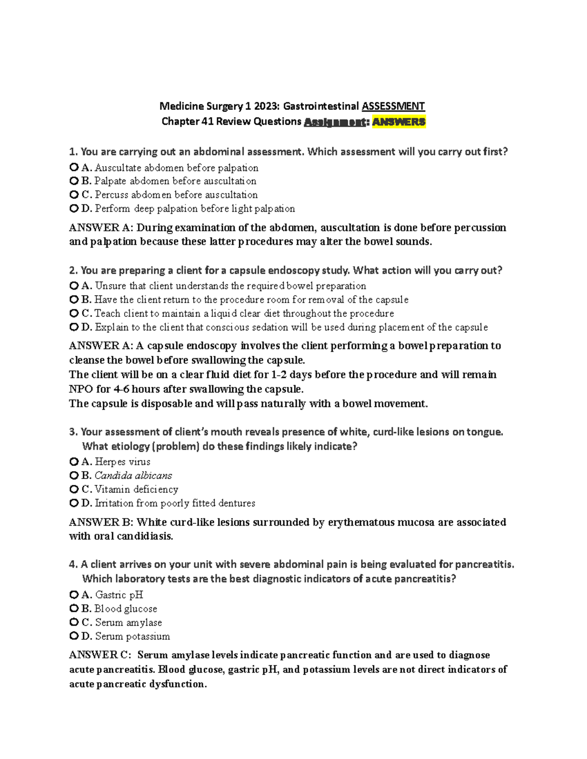 Medicine Surgery 1 2023 GI Review Answers for Mathieu Bussieres ...
