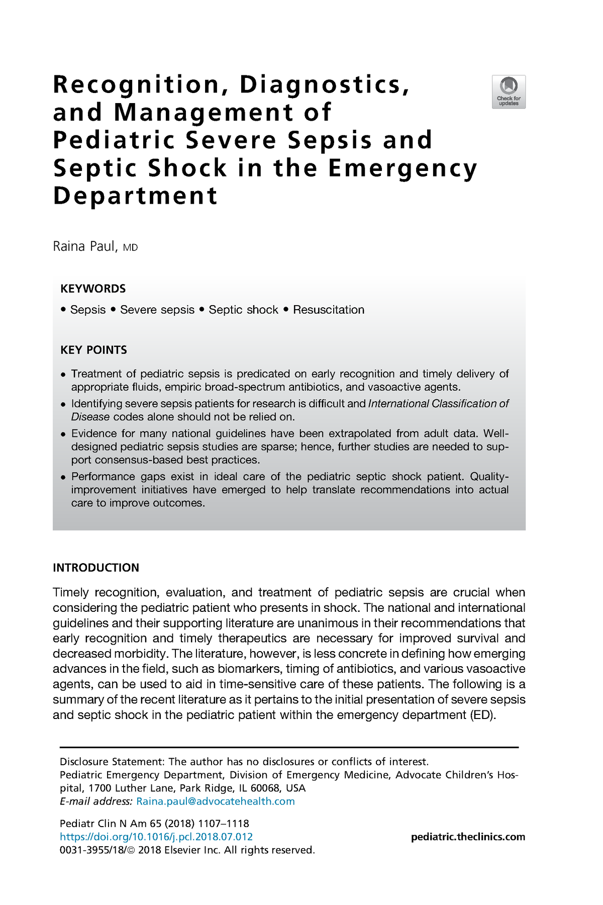 Recognition Diagnostics And Management Of Pediatric Severe Sepsis And Septic Shock In The