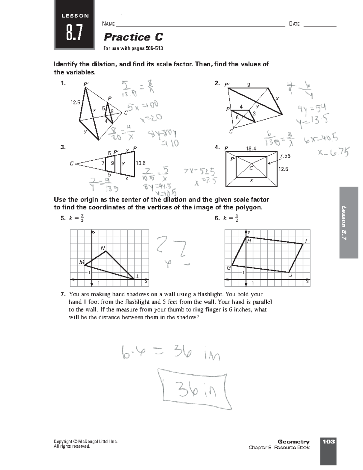 8.7B & C Idk Geometry 103 Chapter 8 Resource Book Copyright