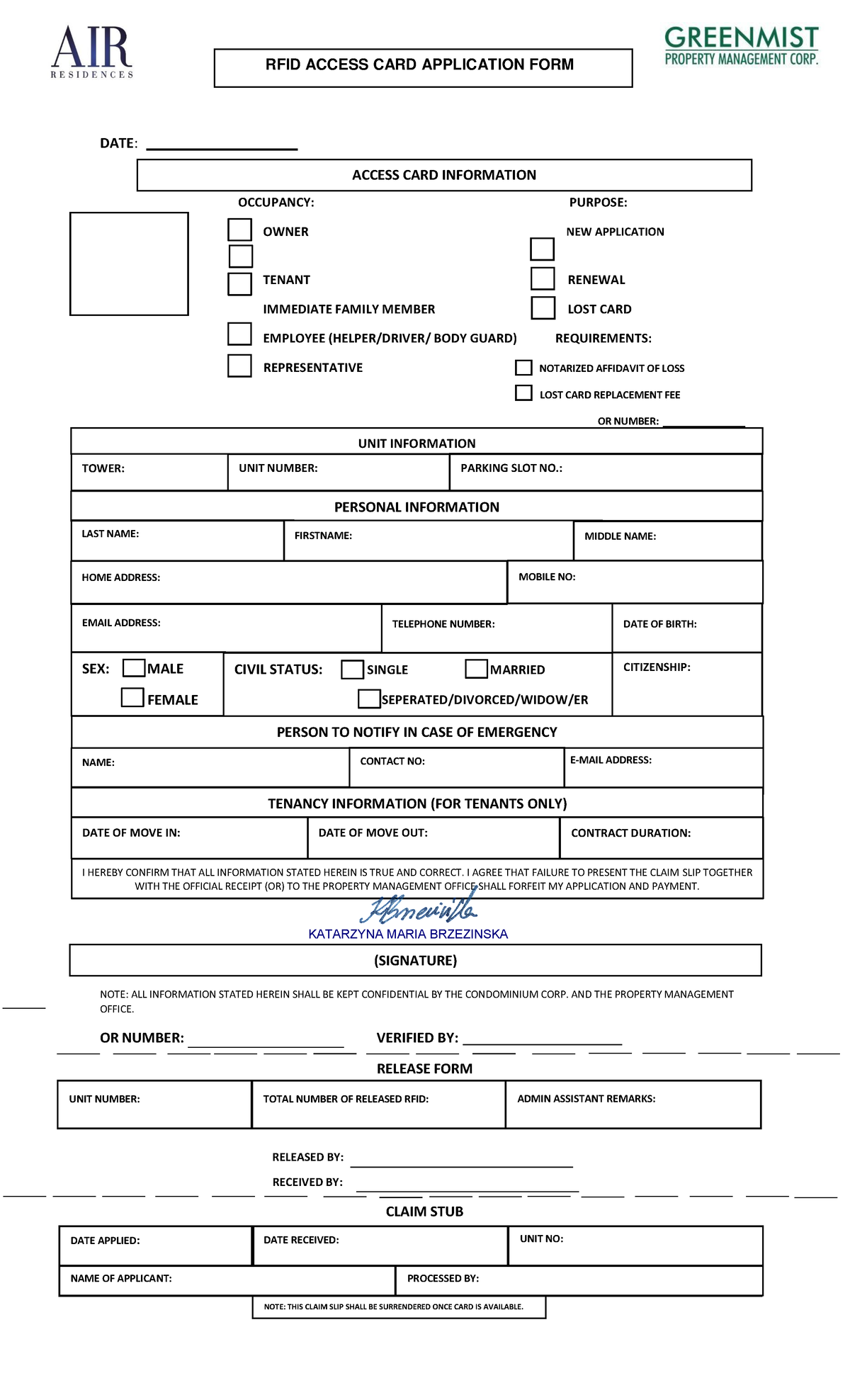 RFID Application Form - notes notes notes notes notes notes notes notes ...