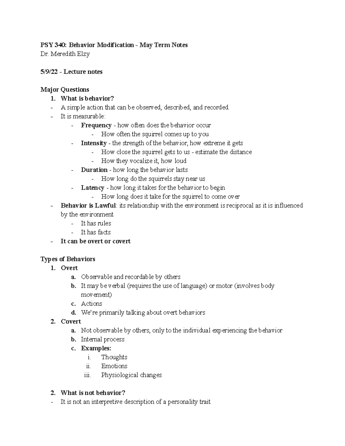 PSY 340 Behavior Modification - May Term Notes - Meredith Elzy 5/9/22 ...