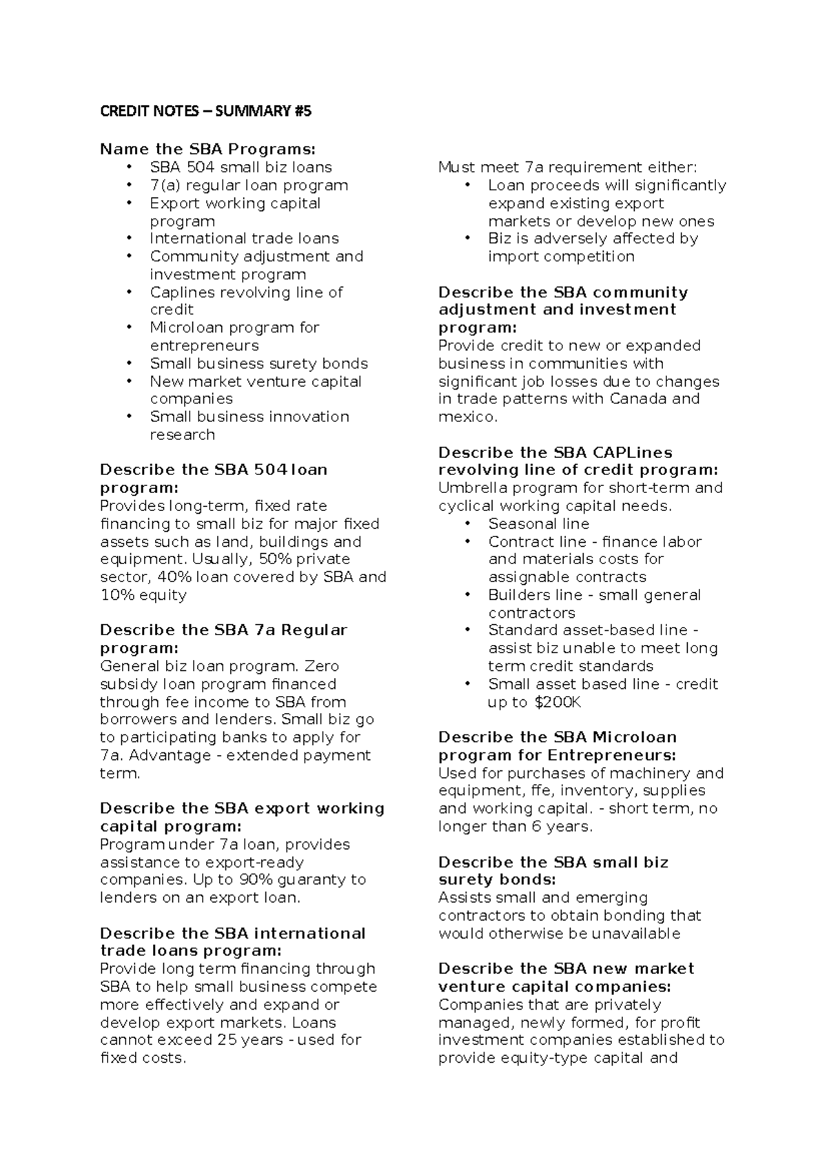 Credit Notes – Summary #5 - CREDIT NOTES – SUMMARY Name the SBA ...