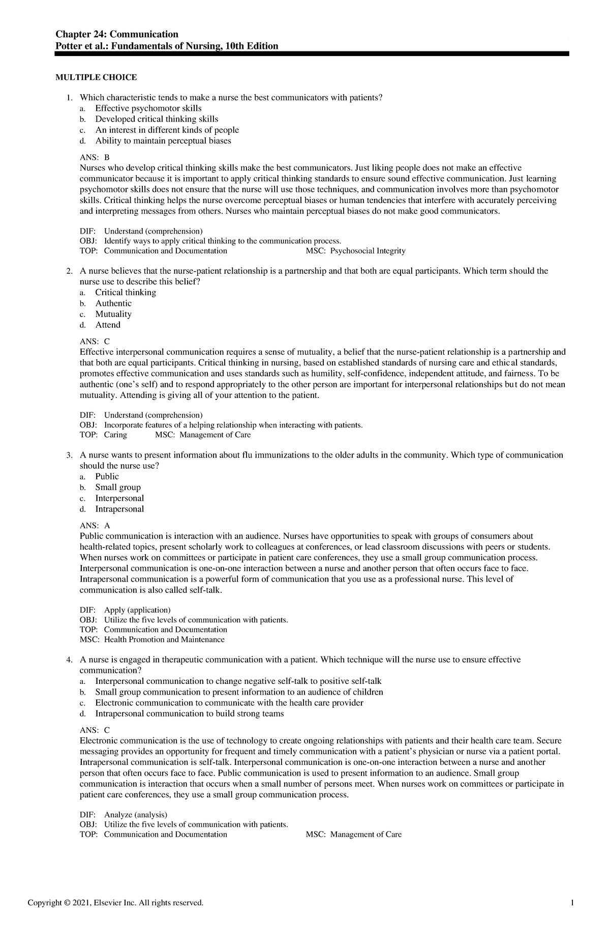 Exam View - Chapter 24 - Chapter 24: Communication Potter Et Al ...