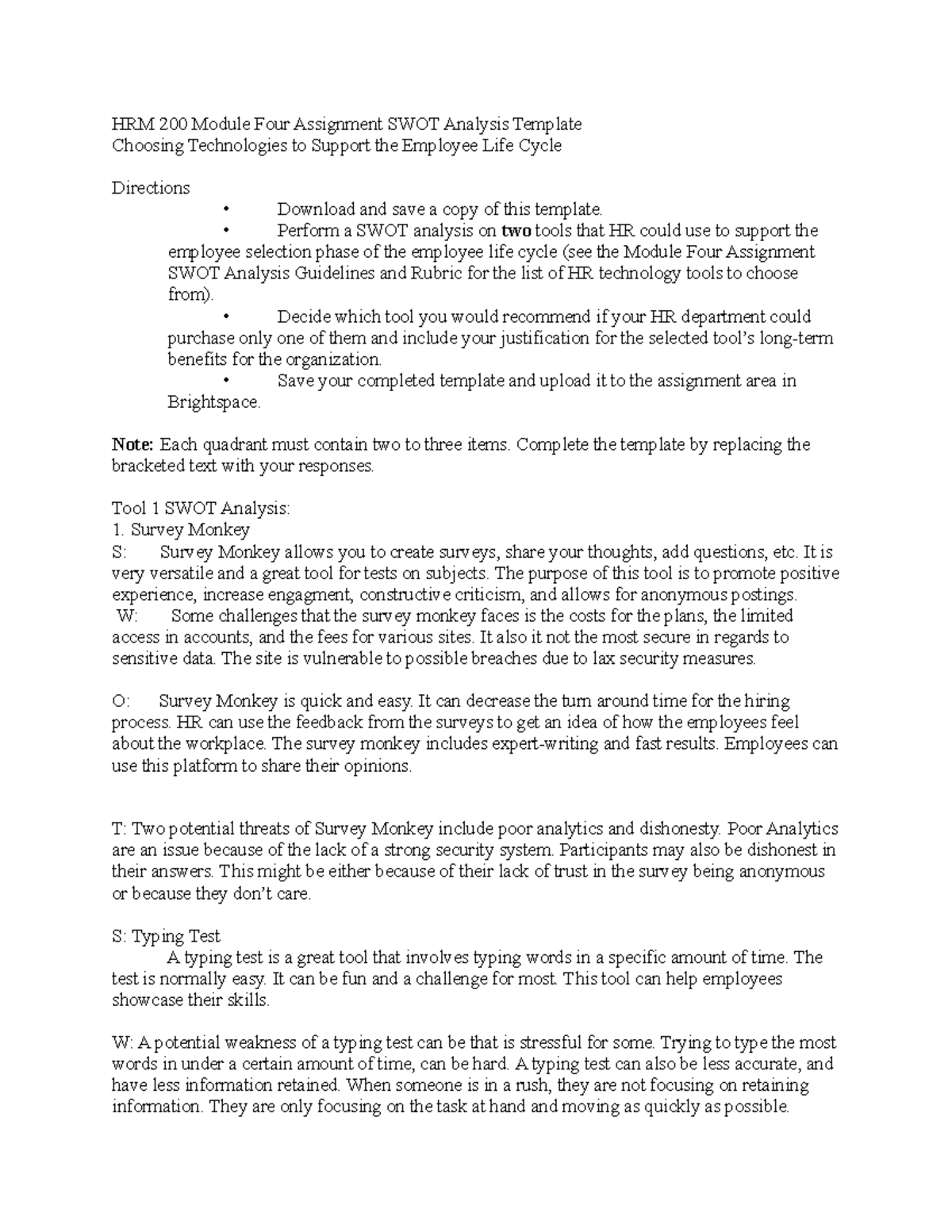 HRM 200 Module Four Assignment SWOT Analysis Template - Perform a SWOT ...