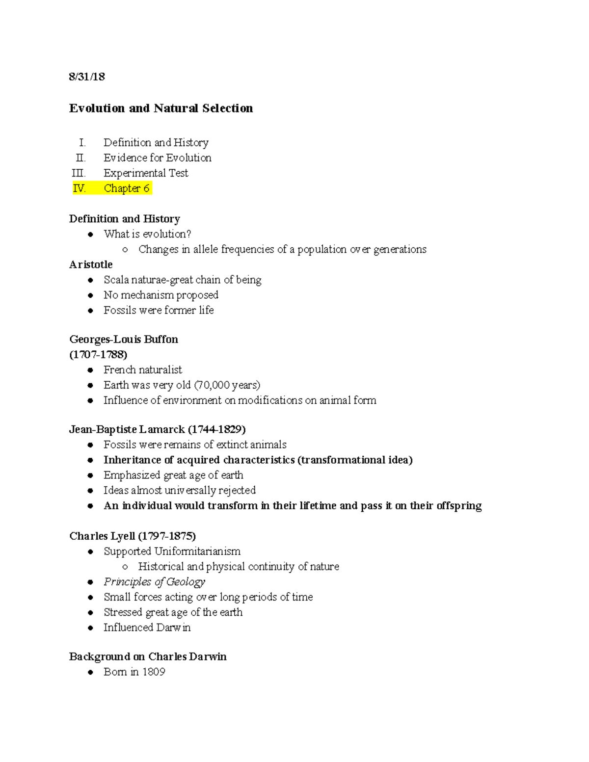 Chapter 6 - 8/31/ Evolution and Natural Selection I. Definition and ...