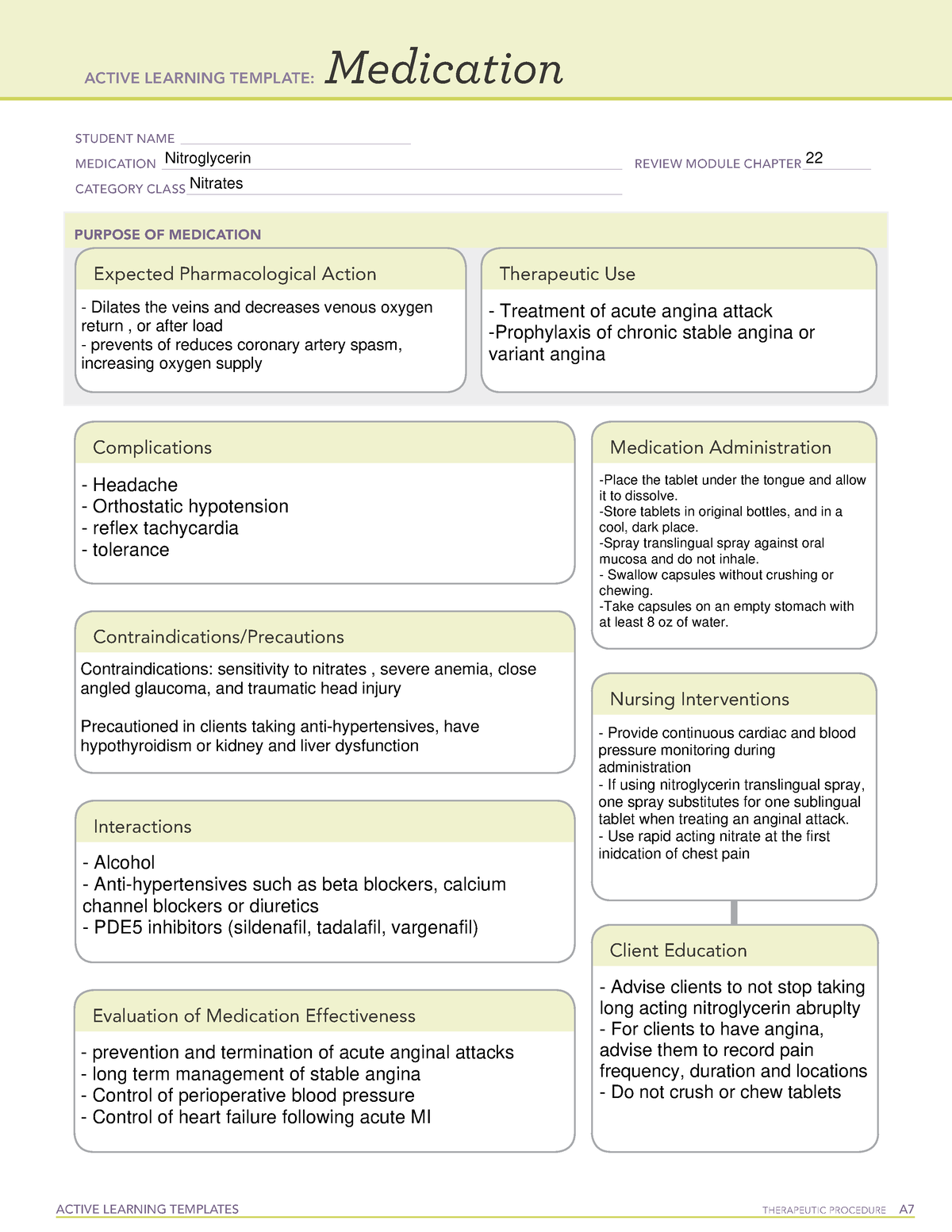 Nitroglycerin Drug template ACTIVE LEARNING TEMPLATES THERAPEUTIC