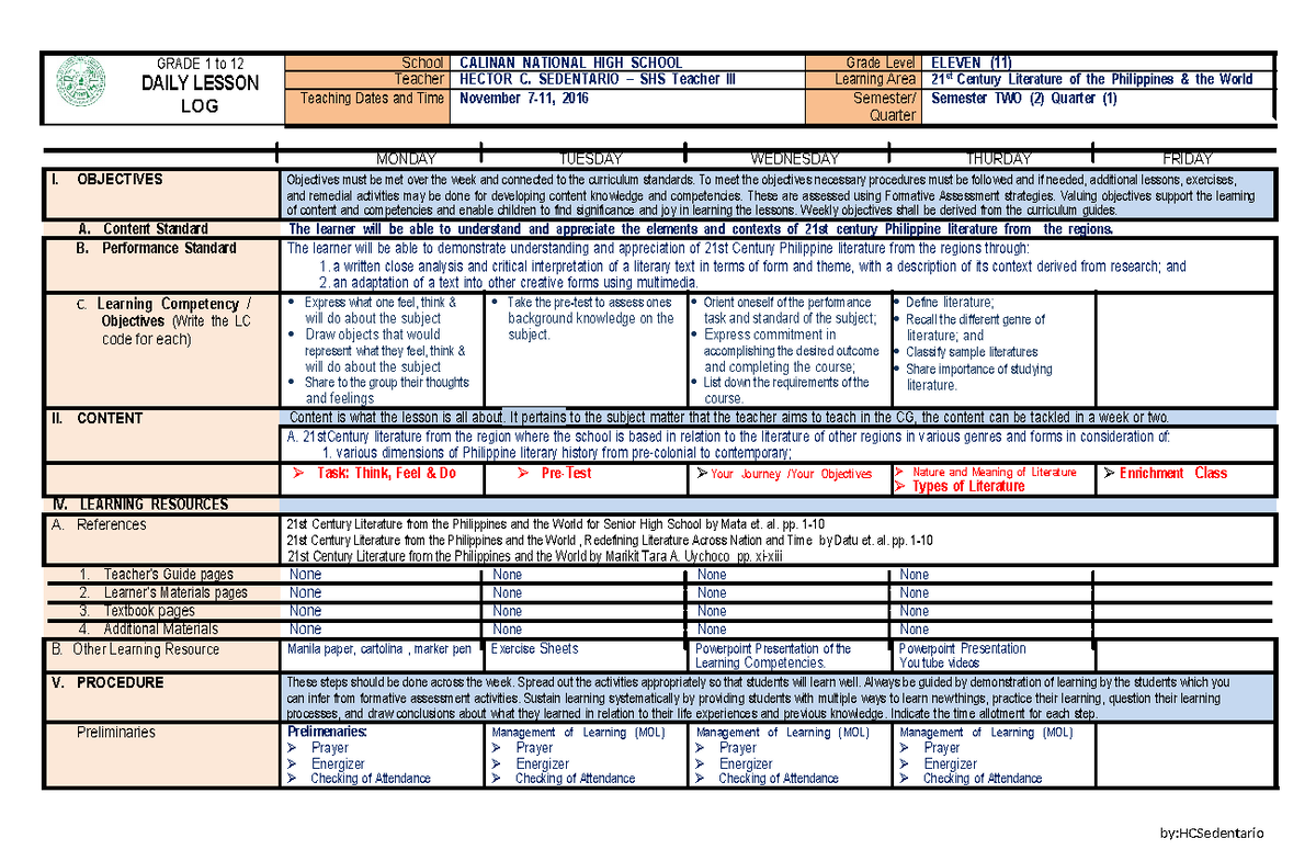 Daily lesson log 21st century lit whole sem - GRADE 1 to 12 DAILY ...