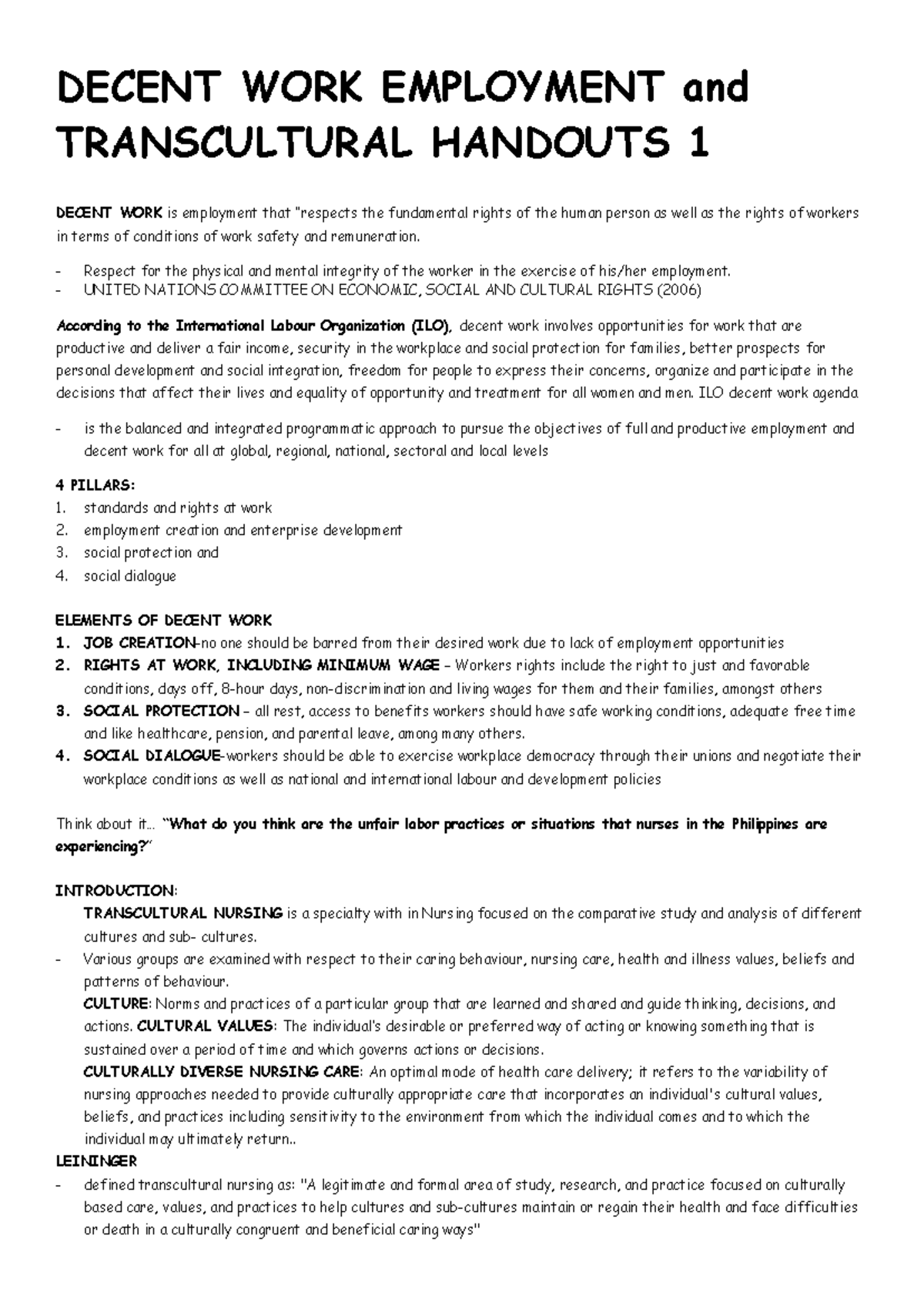 Decent WORK Handouts 1 - MUST READ - DECENT WORK EMPLOYMENT and ...