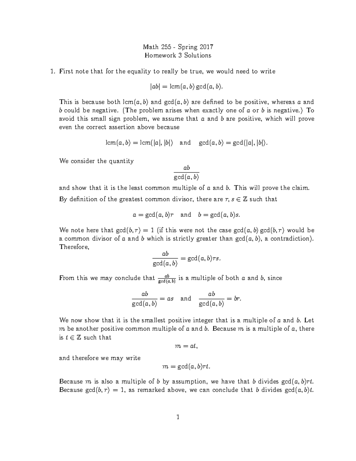 Hw3sol - Math 255 - Spring 2017 Homework 3 Solutions First note that ...