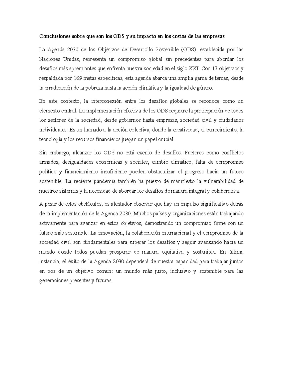 Conclusiones sobre que son los ODS y su impacto en los costos de las ...
