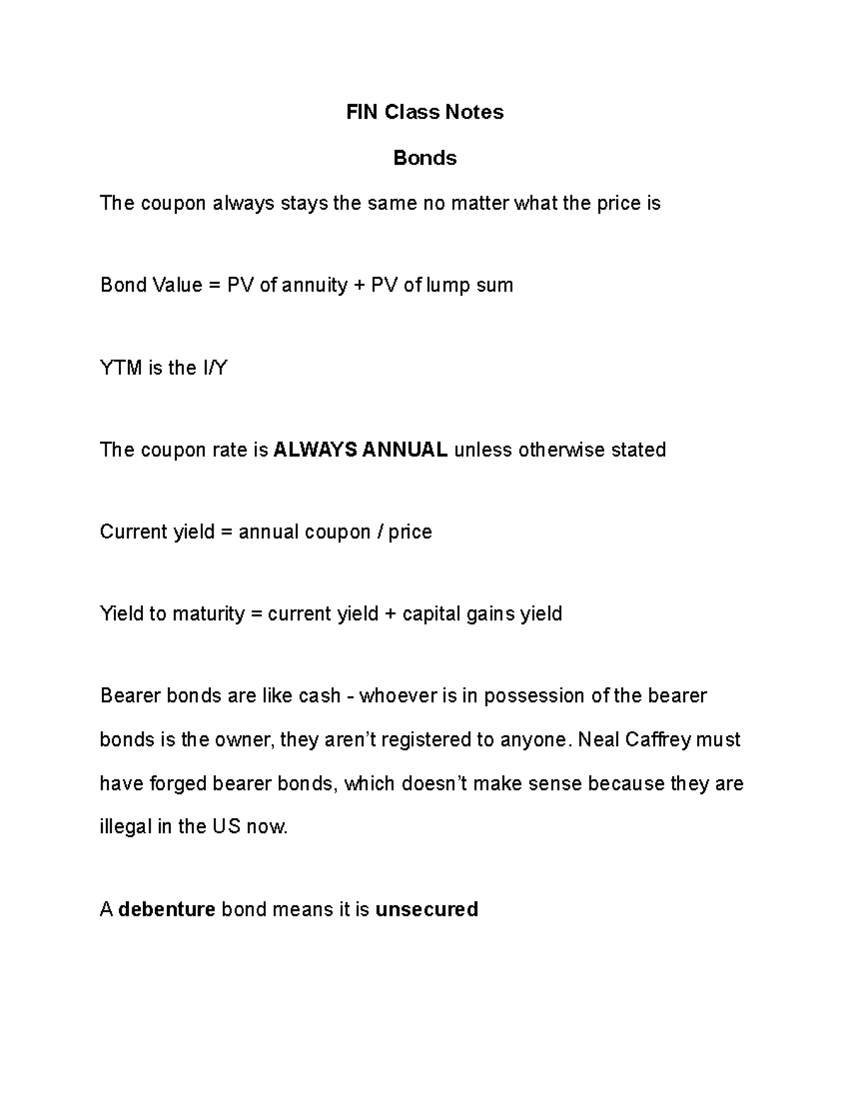 FIN Class Notes Bonds - FIN Class Notes Bonds The coupon always stays ...