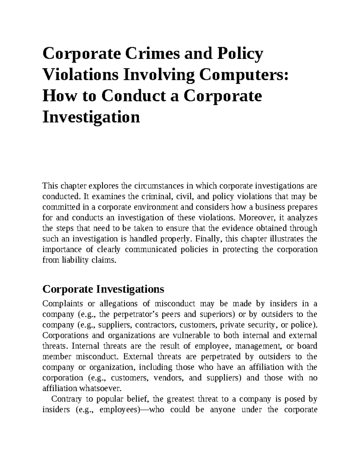 Corporate Crimes and Policy Violations Corporate Crimes and Policy