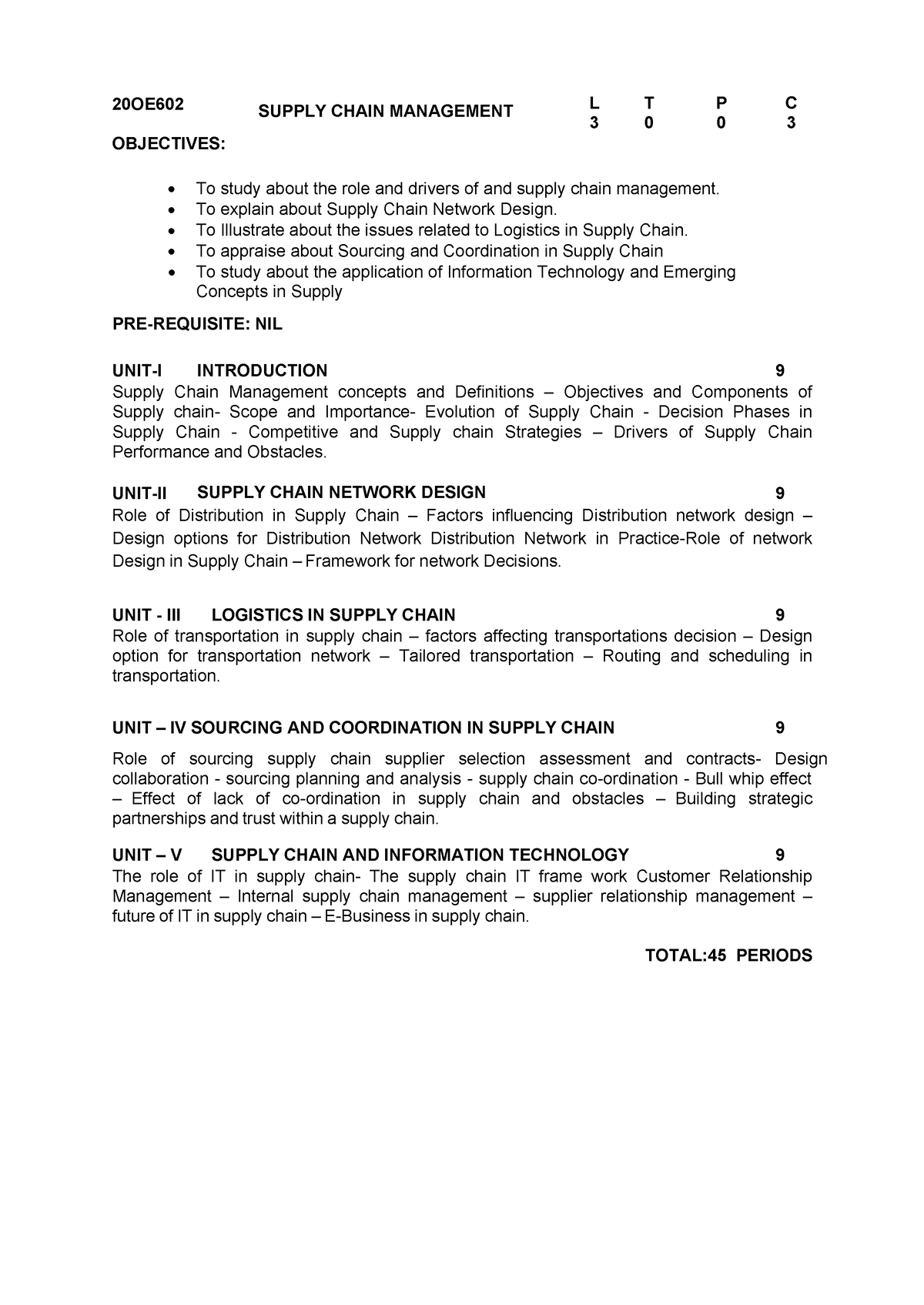 Scm Syllabus - 20OE602 SUPPLY CHAIN MANAGEMENT L T P C 3 0 0 3 ...