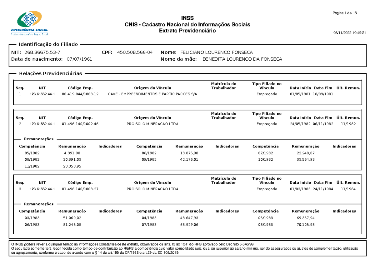 CNIS remuneração - eee - INSS CNIS - Cadastro Nacional de Informações ...