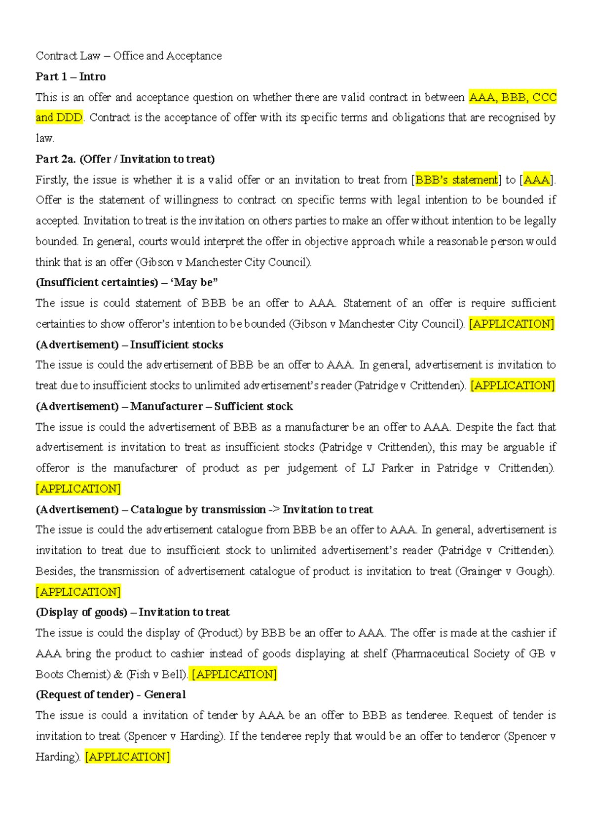 Offer and Acceptance Exam notes - Contract Law – Office and Acceptance ...
