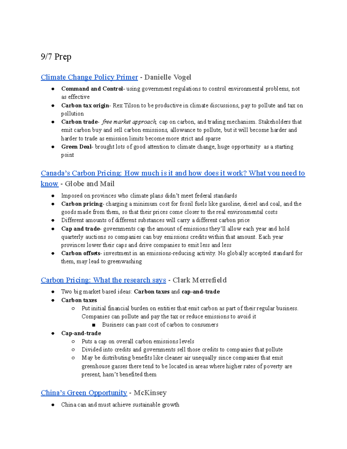 Sustainable Operations Reading Notes - 9/7 Prep Climate Change Policy ...