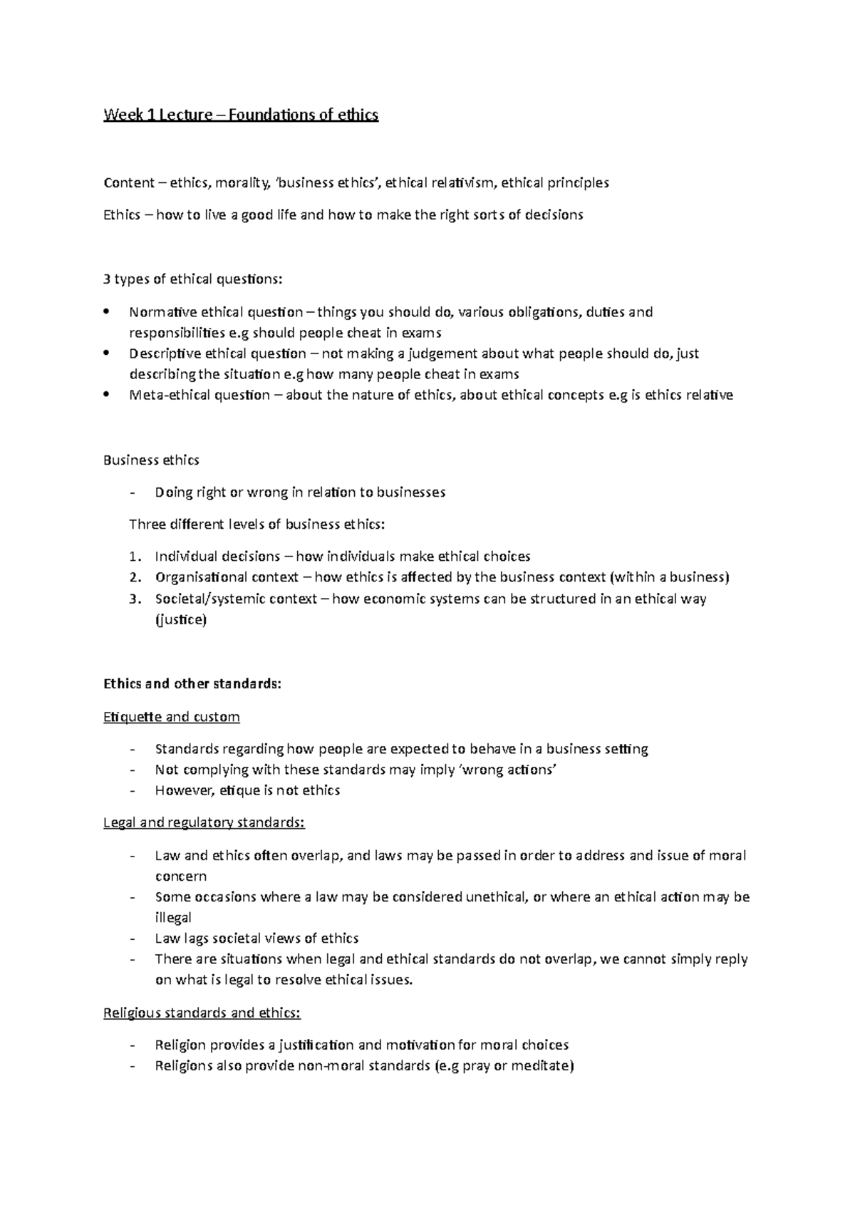 Week 1 Lecture - ... - Week 1 Lecture – Foundations of ethics Content ...