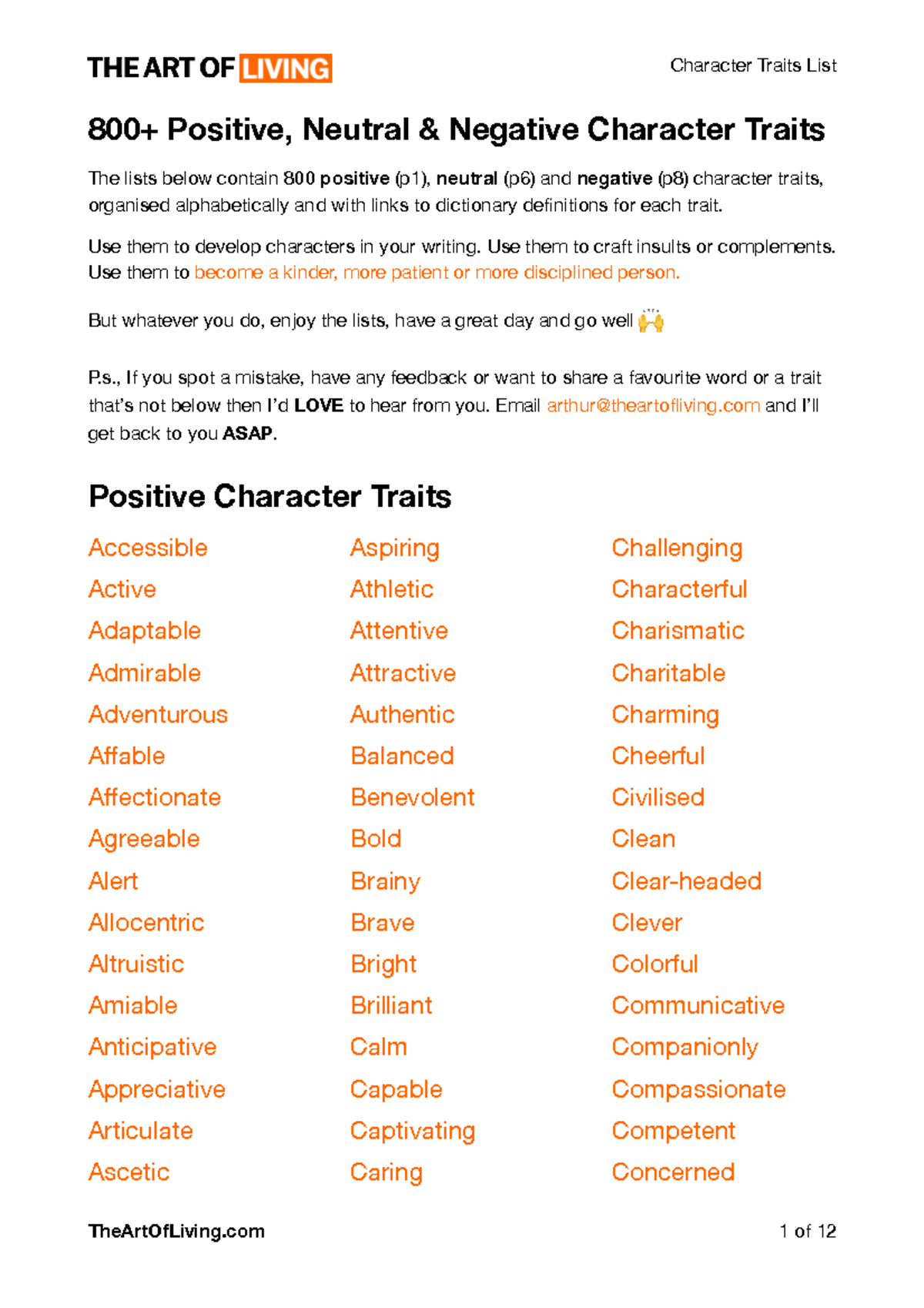 6. Character Traits List by The Art of Living - 800+ Positive, Neutral ...