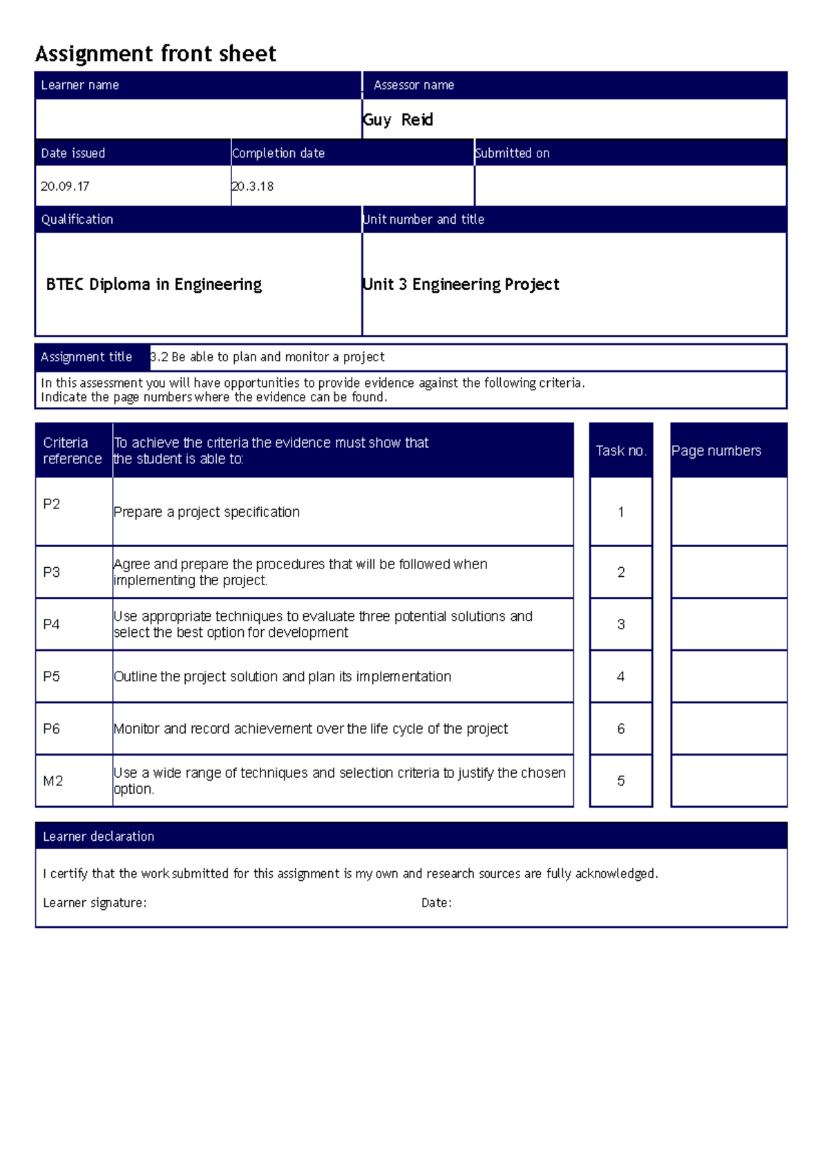 3.2 Assignment Brief 18 - Assignment front sheet Learner name Assessor ...