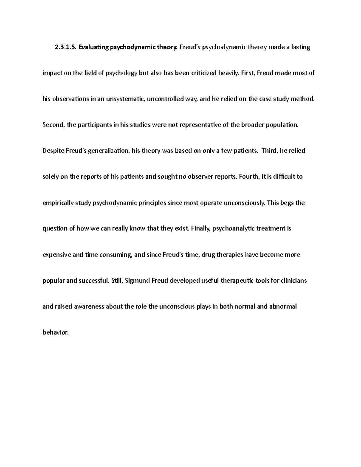 Note 12 - Lecture Notes - 2.3.1. Evaluating psychodynamic theory. Freud ...
