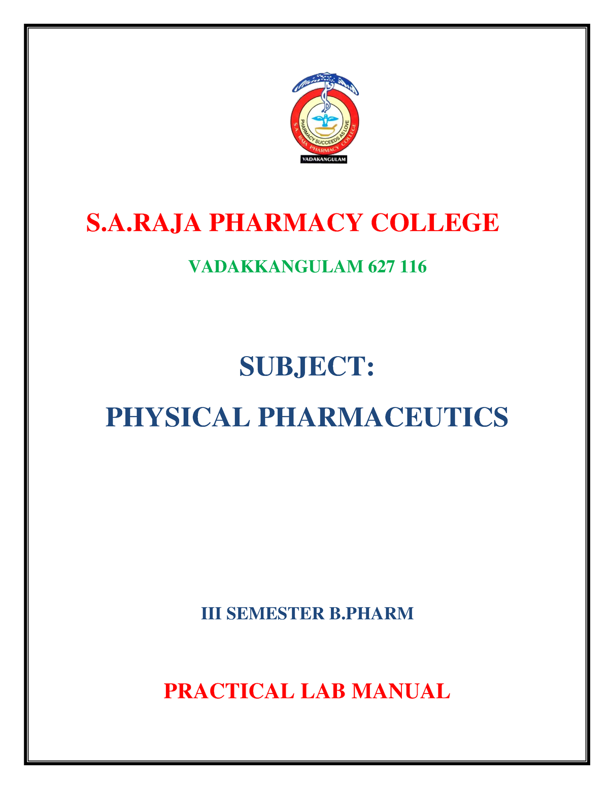 Physical Pharmaceutics Lab Manual - S.A PHARMACY COLLEGE VADAKKANGULAM ...