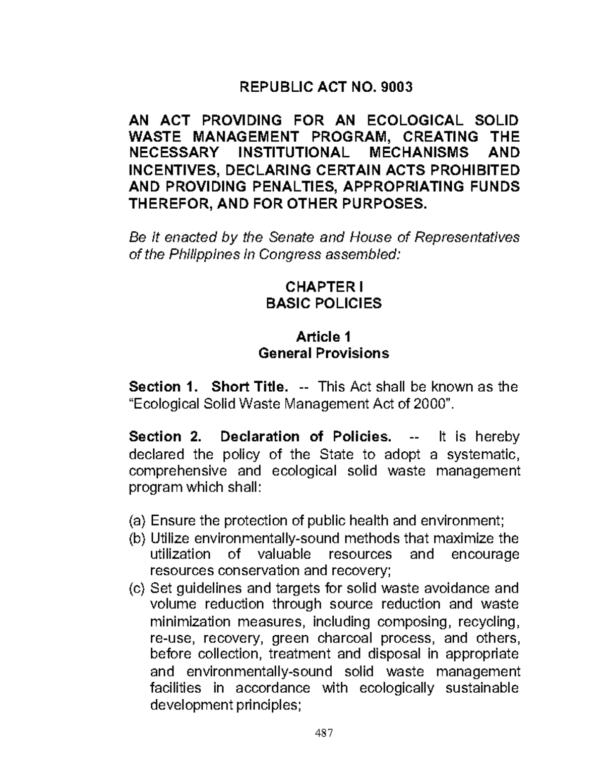 Ang Ra 9003 Ecological Solid Waste Management Act Of 2000 Brainly