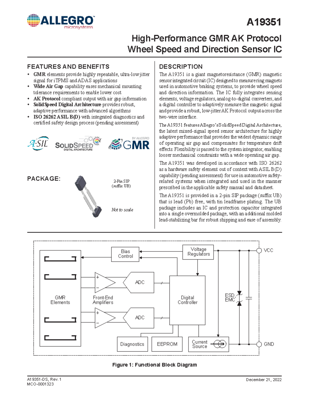 A19351Datasheet HighPerformance GMR AK Protocol Wheel Speed and Direction Sensor IC A19351