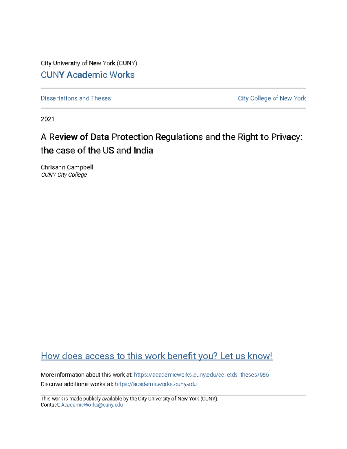 A Review of Data Protection Regulations and the Right to Privacy - cuny ...