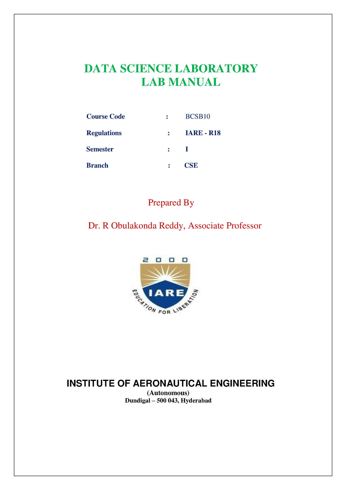 IARE DS Laboratory LAB Manual 0 - DATA SCIENCE LABORATORY LAB MANUAL ...