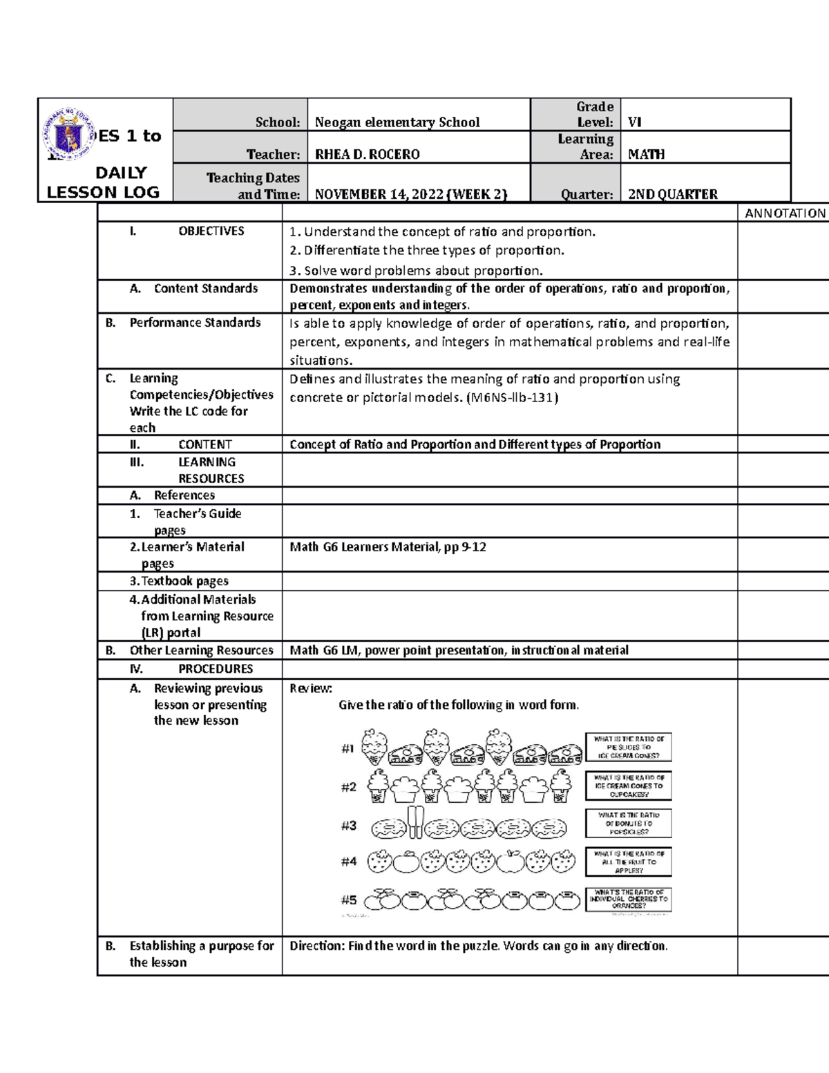 Ratio and proportion - GRADES 1 to 12 DAILY LESSON LOG School: Neogan ...