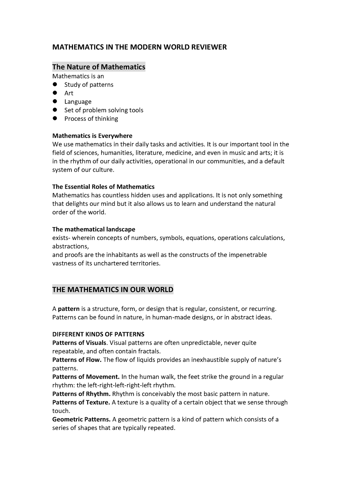 MMW Midterm Reviewer - NOTES - MATHEMATICS IN THE MODERN WORLD REVIEWER ...