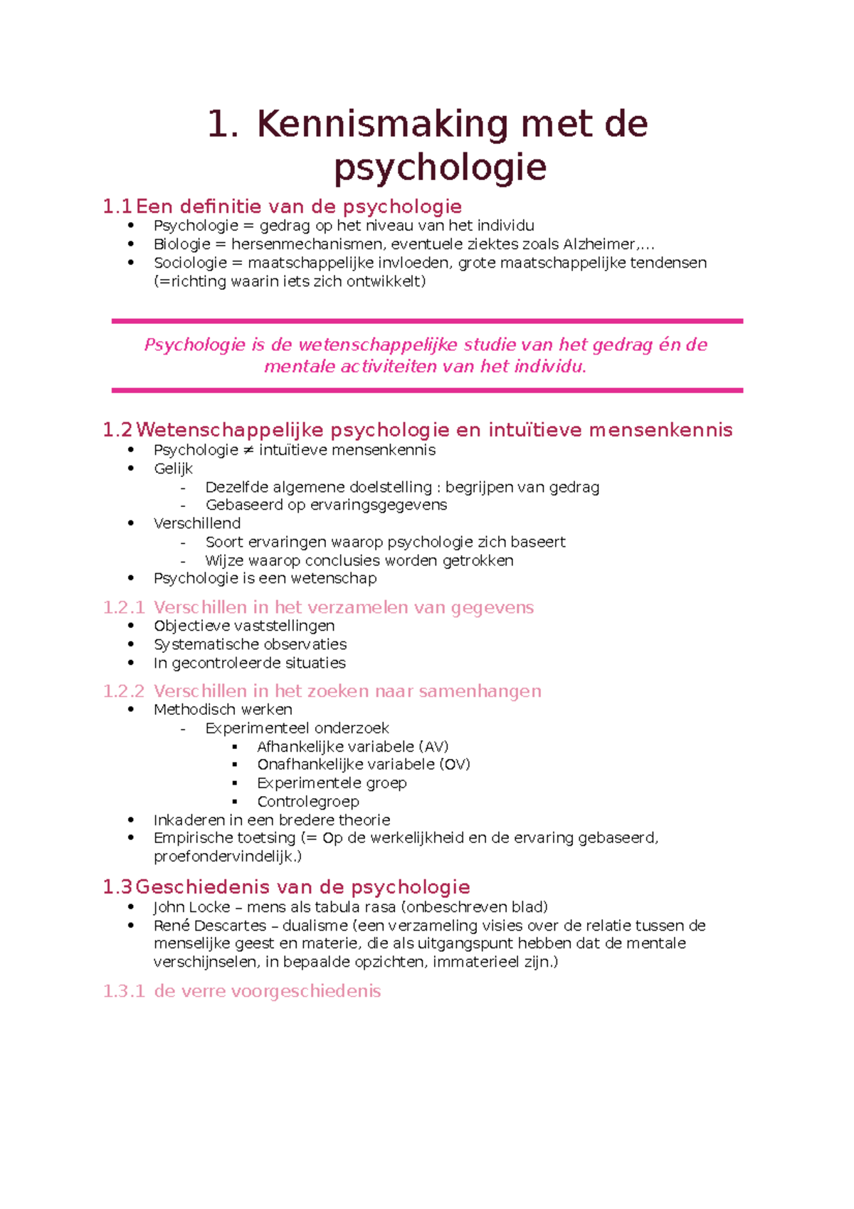 Psychologie Samenvatting Hoofdstuk 1 - 1. Kennismaking Met De ...