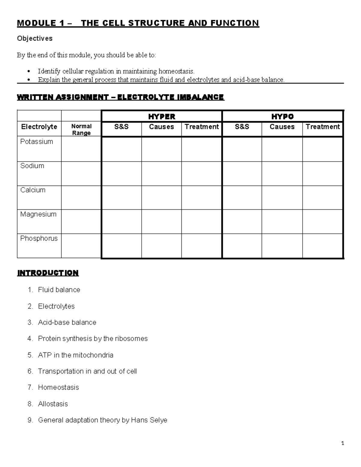 Module 1 Outline Patho - MODULE 1 – THE CELL STRUCTURE AND FUNCTION ...