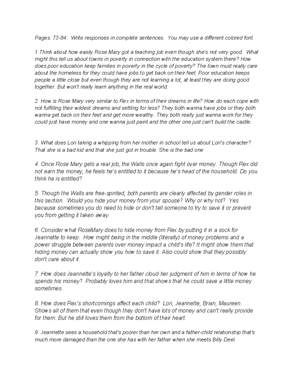 7384 Glass Castle questions2 Pages. 7384. Write responses in