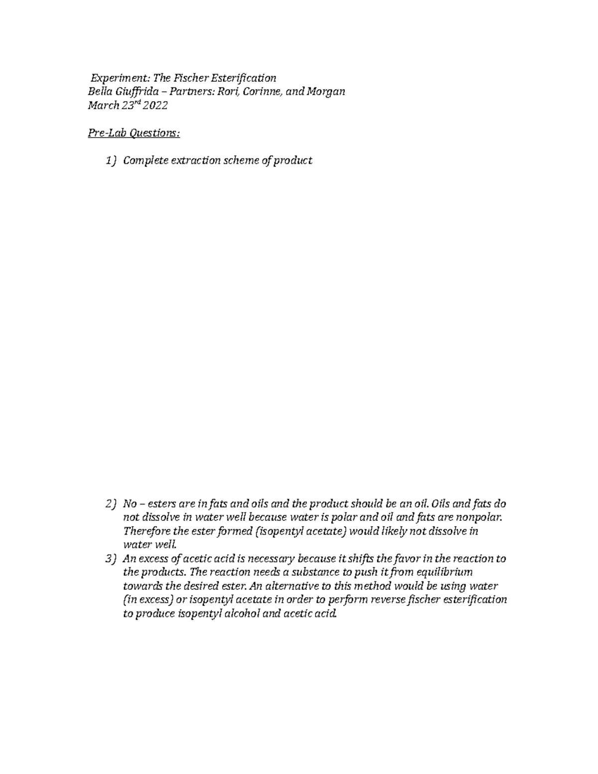 Fischer Esterification Lab Report - Experiment: The Fischer ...