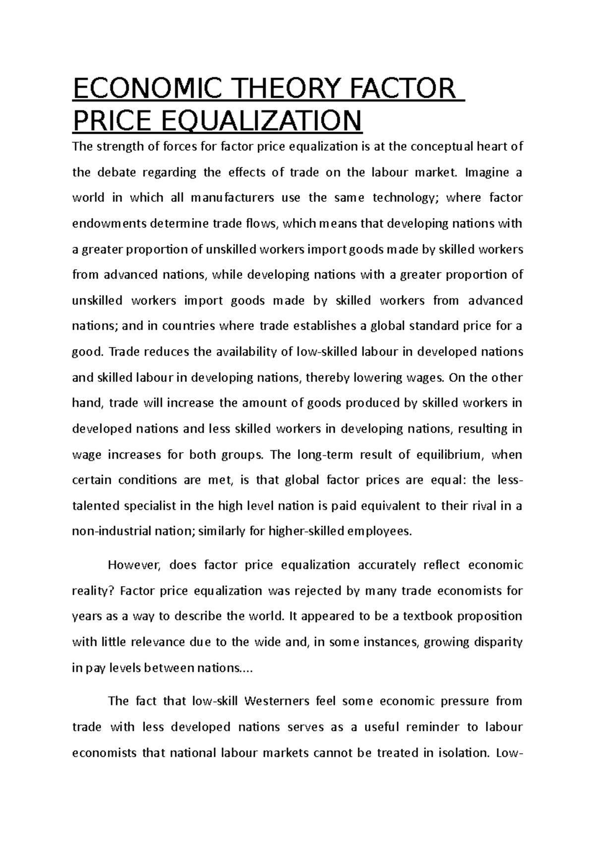 Economic Theory Factor Price Equalization ECONOMIC THEORY FACTOR