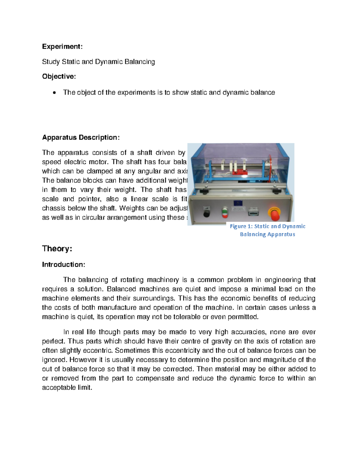 Static and Dynamic Balancing Experiment Study Static and Dynamic