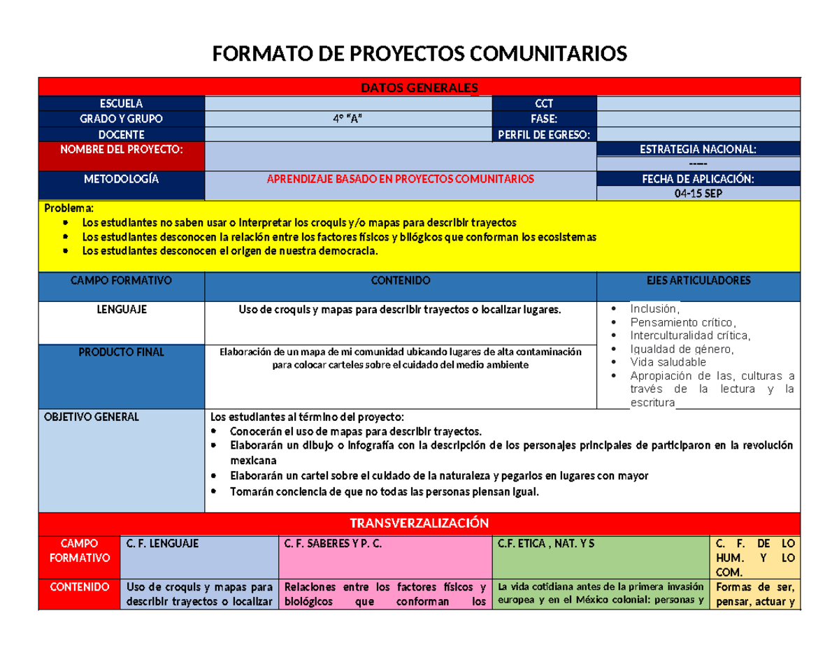 Proyecto Cuarto Grado - Trabajo - FORMATO DE PROYECTOS COMUNITARIOS ...