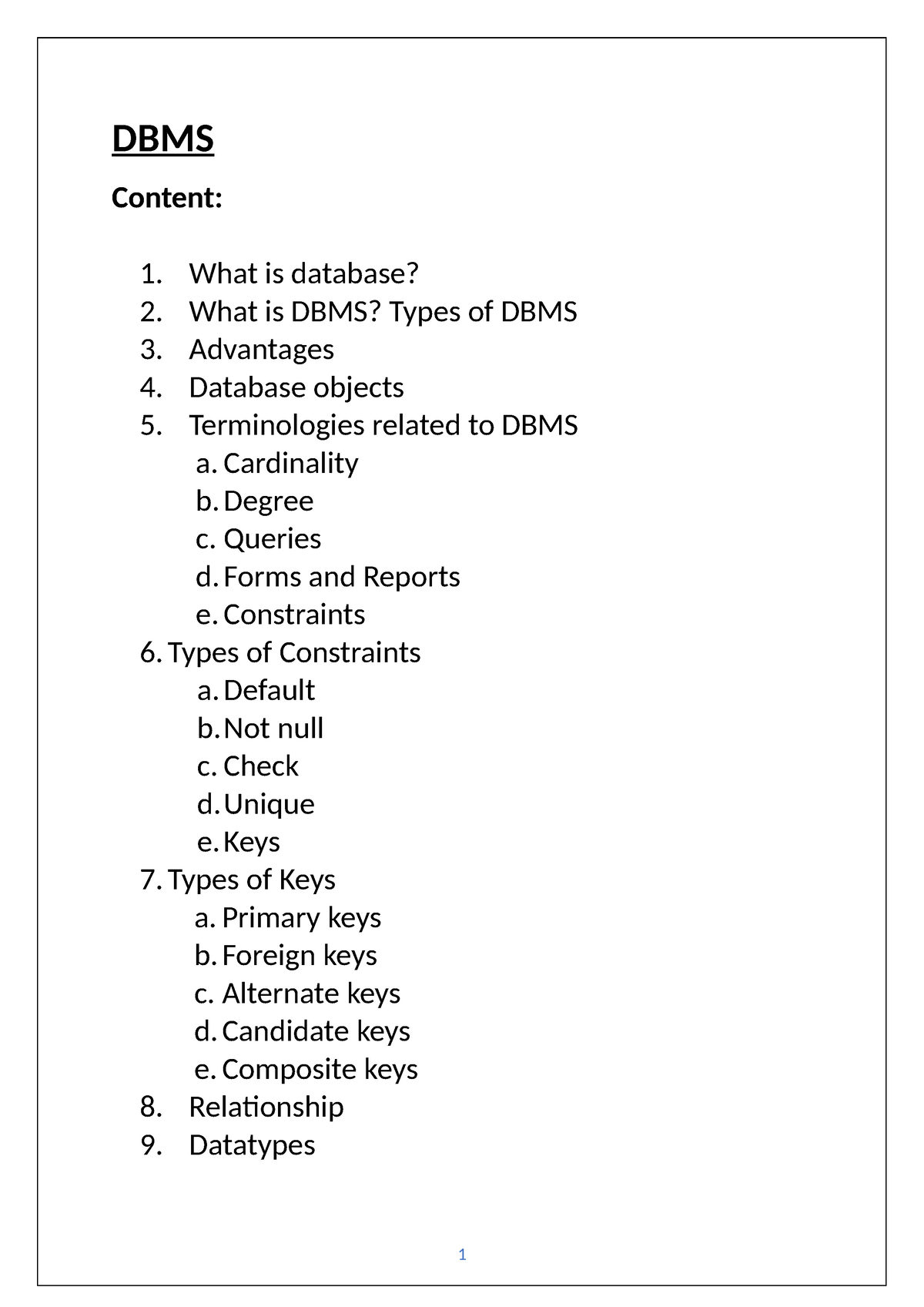 DBMS Notes Class 10 - DBMS Content: 1. What Is Database? 2. What Is ...