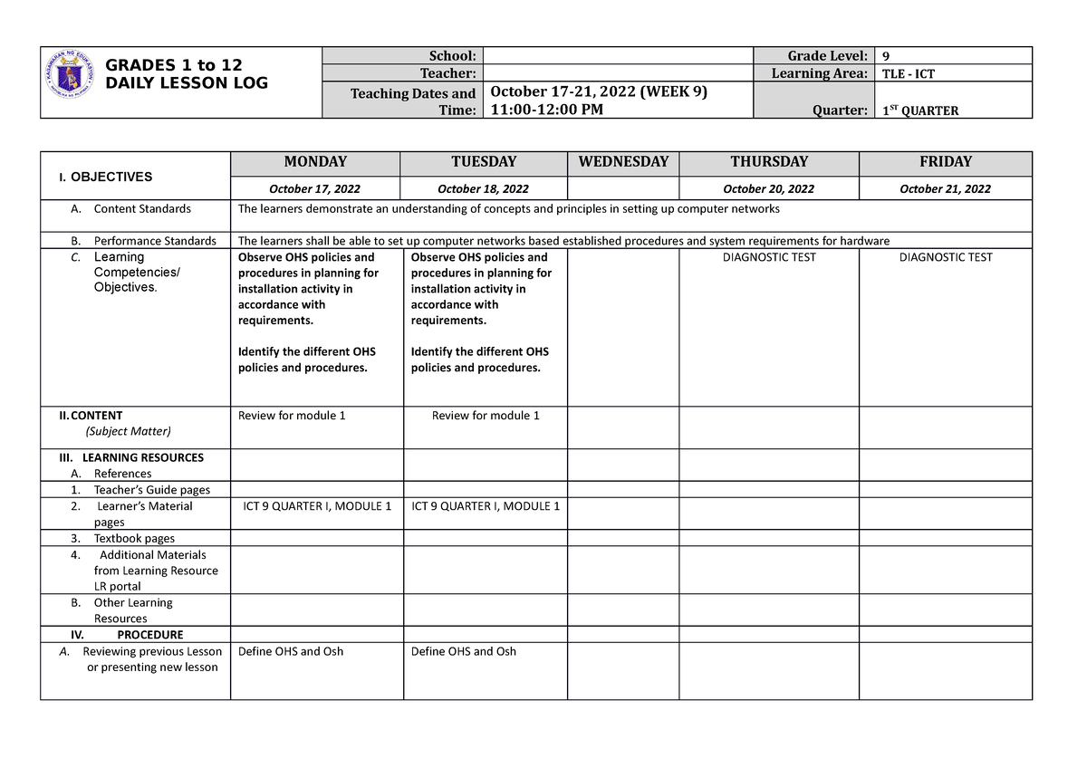 DLL TLE 9 Q1 W9 - dll - GRADES 1 to 12 DAILY LESSON LOG School: Grade ...