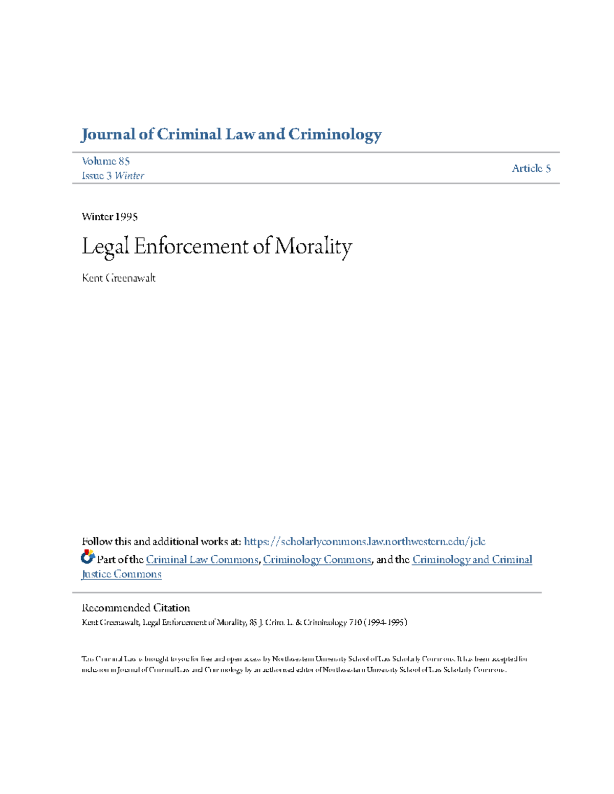 Legal Enforcement of Morality.pdf 1 in 2022 lrg Journal of Criminal