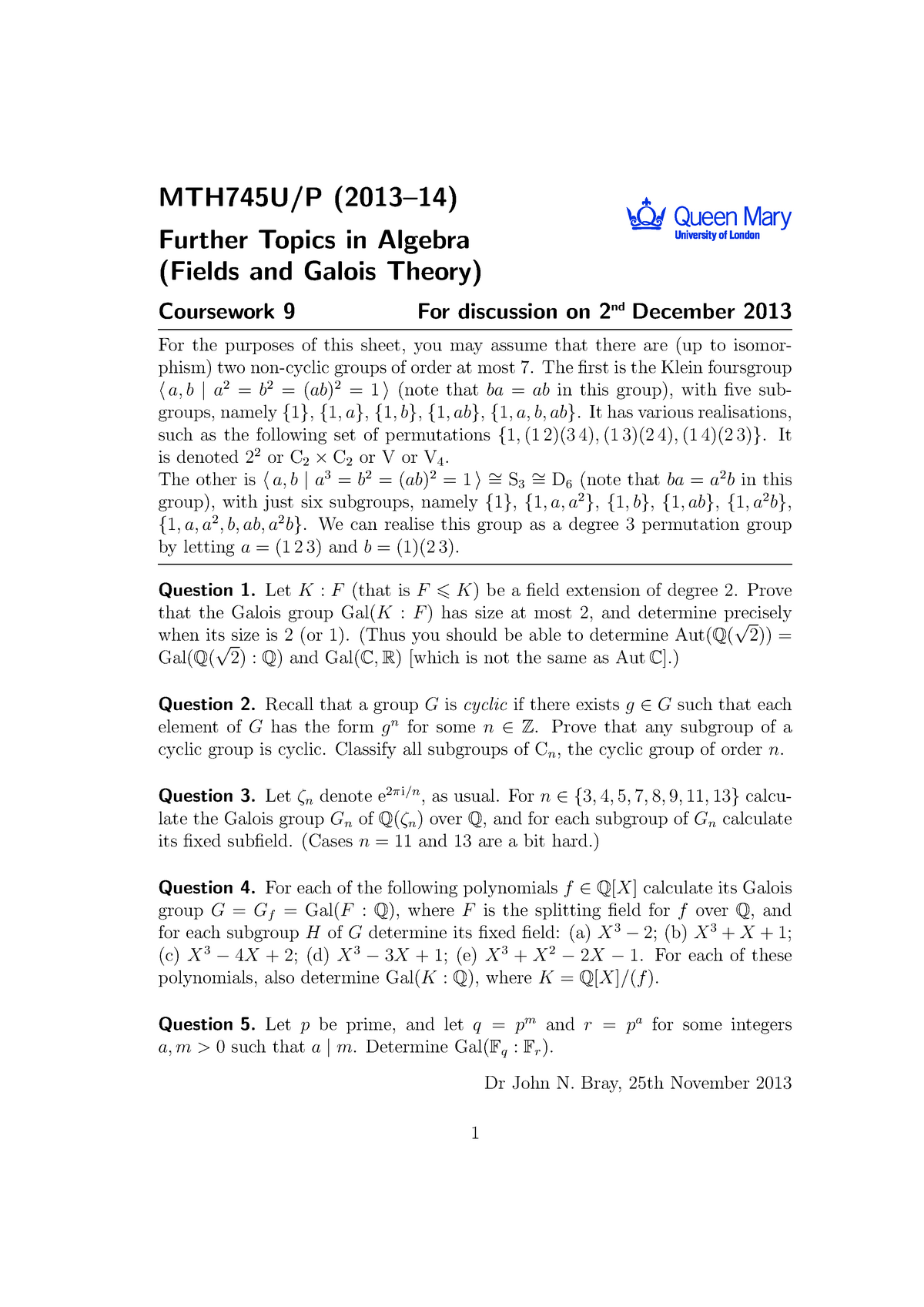 Exercise 9 Questions Further Topics In Algebra Mth745p Qmul Studocu