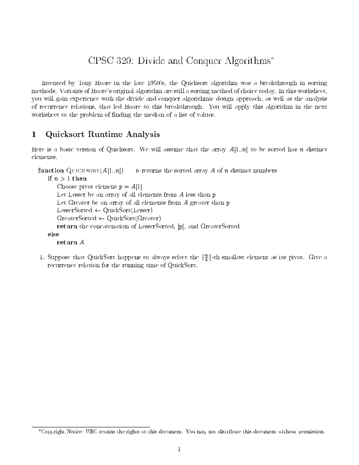In-class worksheet on divide and conquer - CPSC 320 - UBC - Studocu