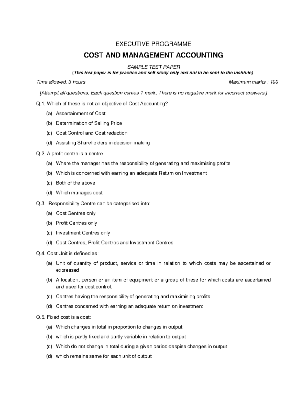 CMA-MCQ 100 - Questions And Answers - EXECUTIVE PROGRAMME COST AND ...