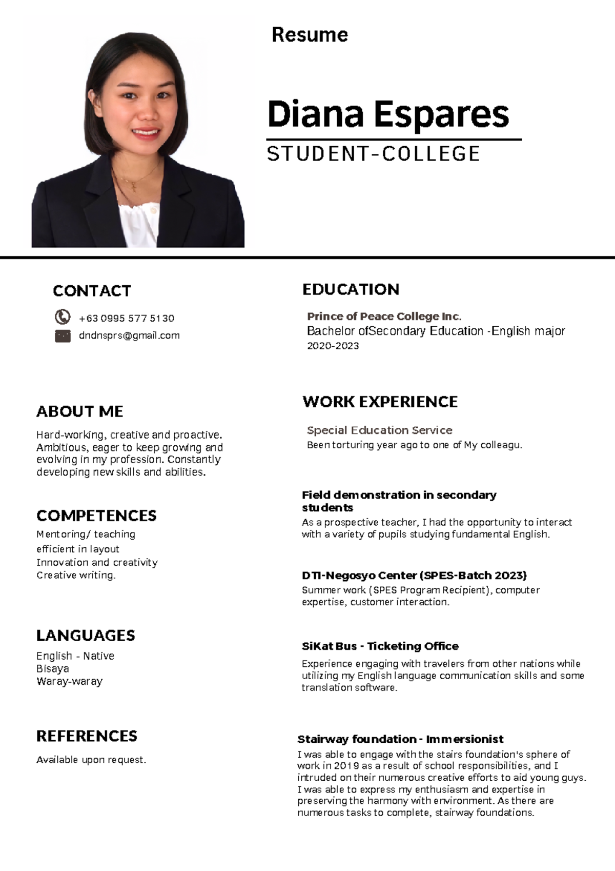 Resume - +63 0995 577 5130 dndnsprs@gmail Diana Espares STUDENT-COLLEGE ...