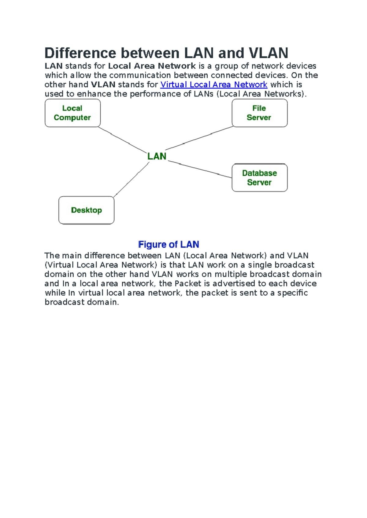 Difference between LAN and VLAN - On the other hand VLAN stands for ...