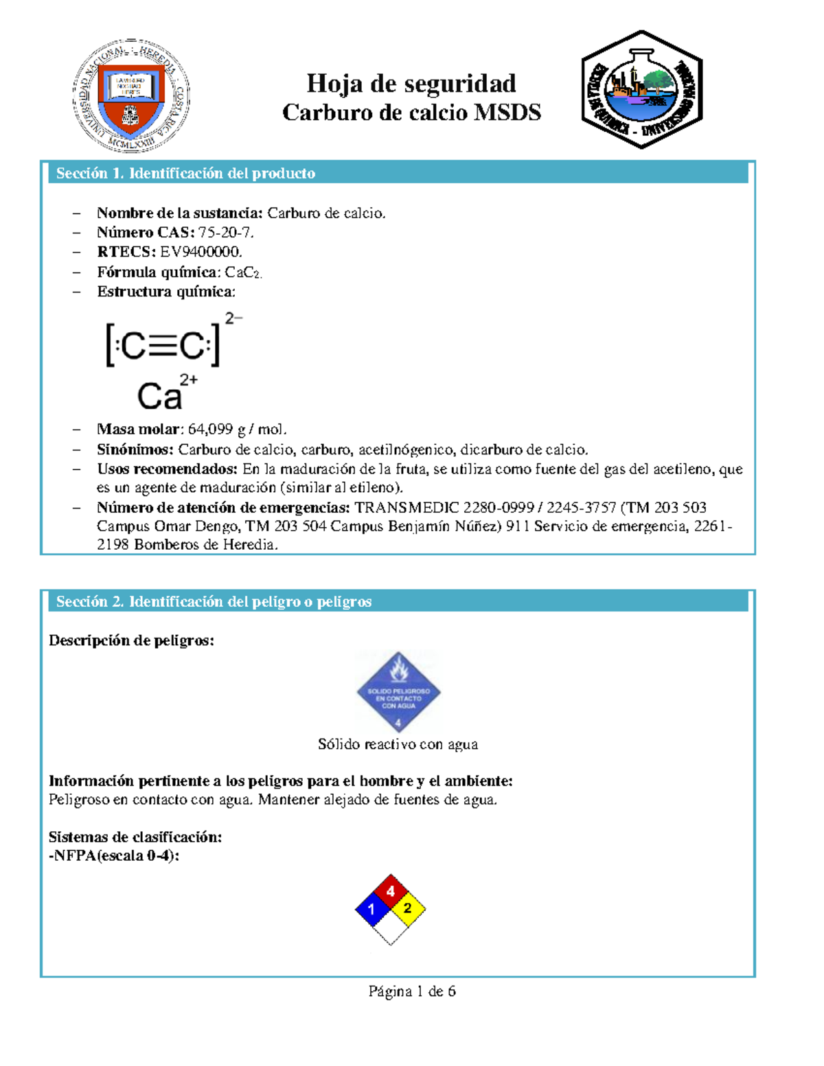 Carburo de calcio Producto químico MSDS