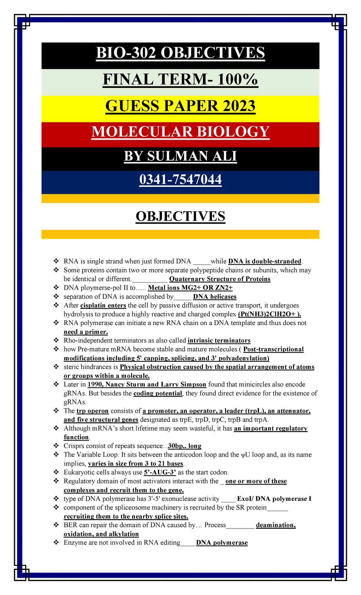 MB502T Objective Final TERM Guess Paper 2023 BY Sulman ALI - BIO-302 ...